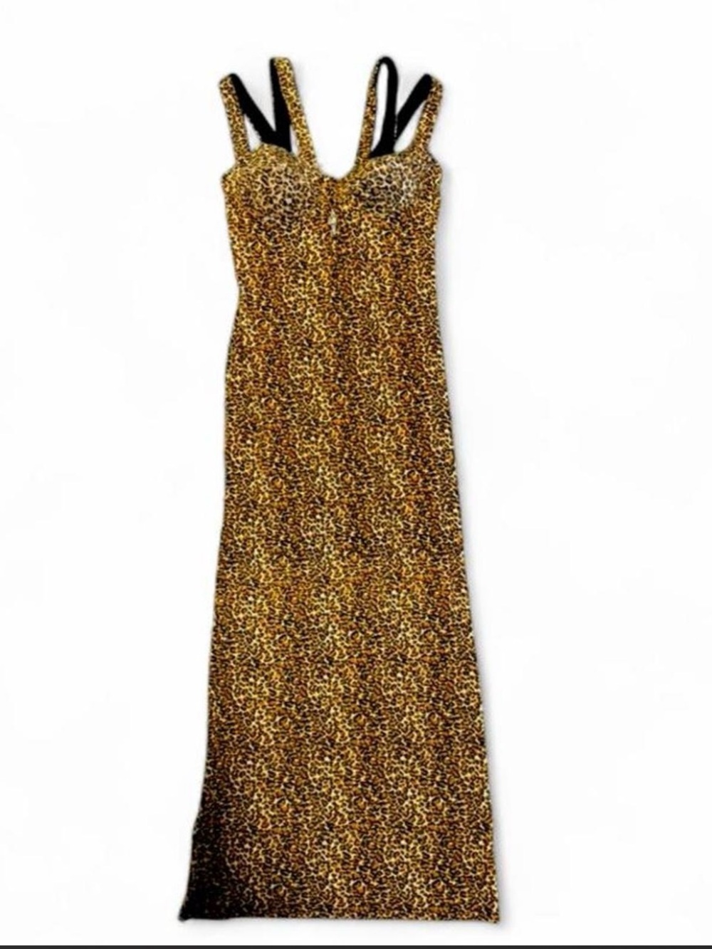 True Vintage 90s Sabora Leopard-Print Maxi Dress in Gold and Black with Leg Slip